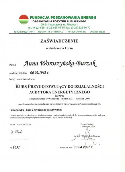 Zaświadczenie ukończenia kursu przygotowującego do działalności