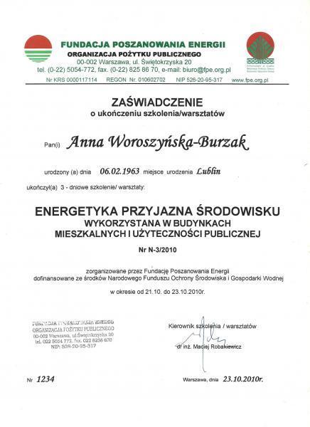 Zaświadczenie ukończenia warsztatów energetyki przyjaznej środowisku